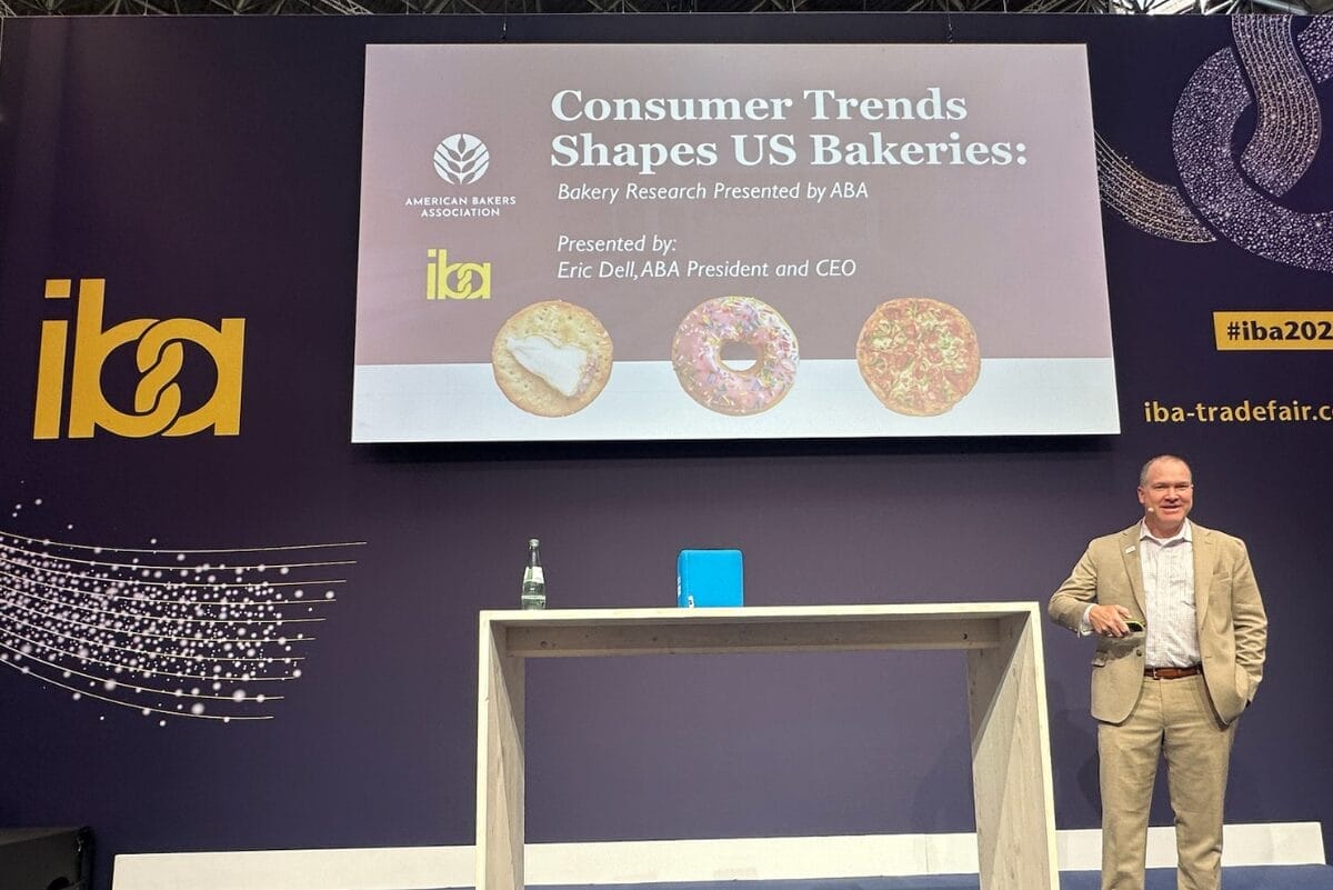 Eric Dell, president and CEO of the American Bakers Association, presenting at iba 2025 in Dusseldorf, Germany