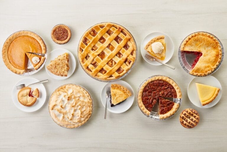 Counter covered in assorted Rise Baking Co. pies