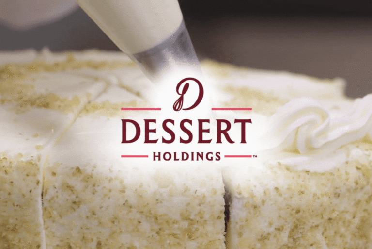 Dessert Holdings logo over clip of piping bag tip placing frosting on cake
