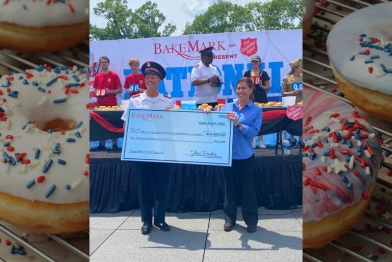Image from BakeMark and Salvation Army National Donut Day 2025 with check featuring $10,000 donation to the Salvation Army National Capital Area Command