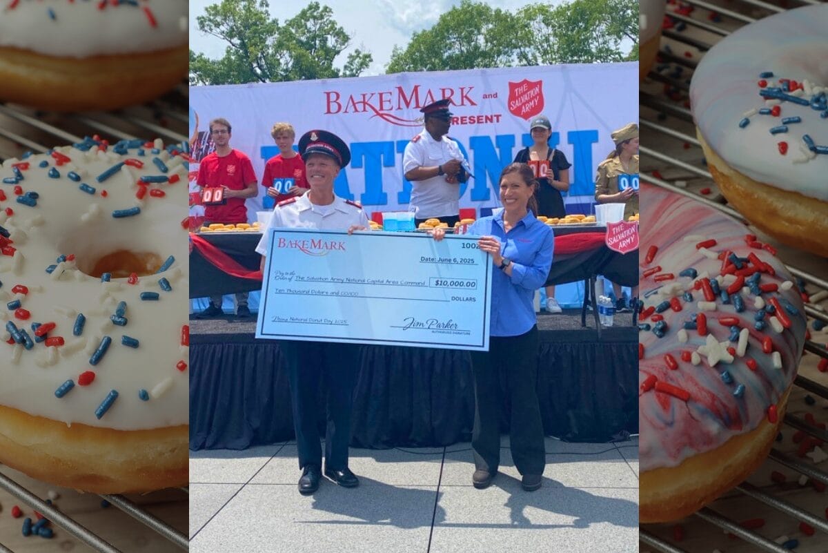 Image from BakeMark and Salvation Army National Donut Day 2025 with check featuring $10,000 donation to the Salvation Army National Capital Area Command