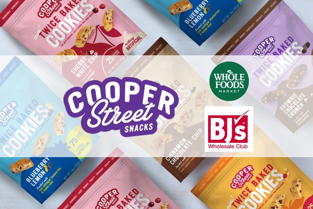 Cooper Street Snacks, Whole Foods and BJ's Wholesale logos over Cooper Street Snacks products laid out in diaognal grid