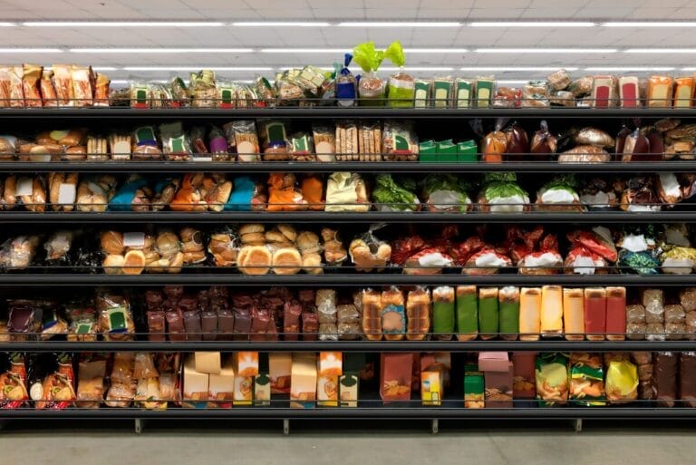 Aisle of bread in a supermarket