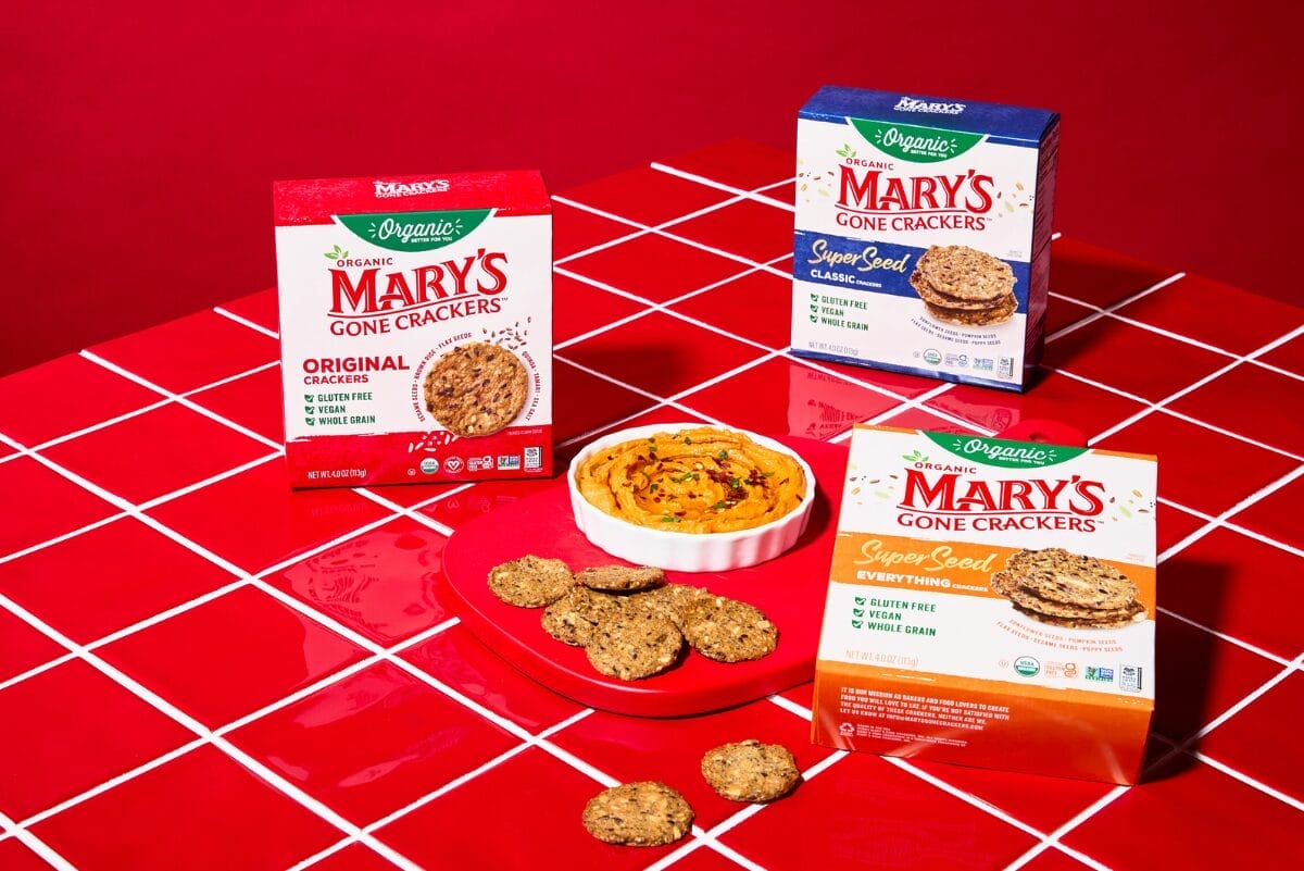 Mary's Gone Crackers boxes on red tile counter