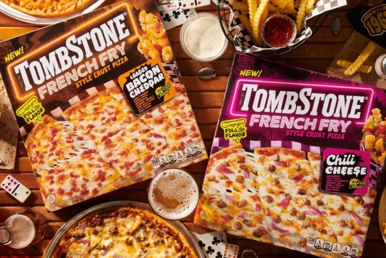Boxes of Tombstone French Fry Style Crust Pizzas in Loaded Bacon Cheddar and Chili Cheese
