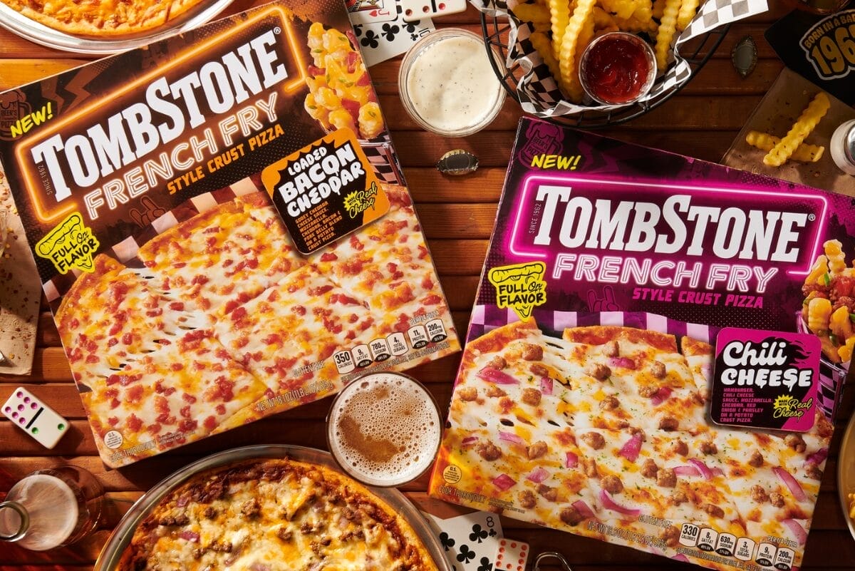 Boxes of Tombstone French Fry Style Crust Pizzas in Loaded Bacon Cheddar and Chili Cheese