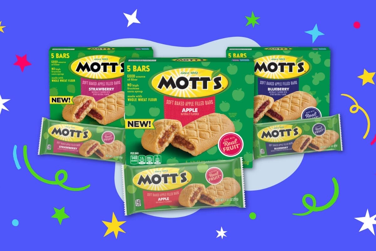 Boxes of Mott's Apple Filled Bars on blue background