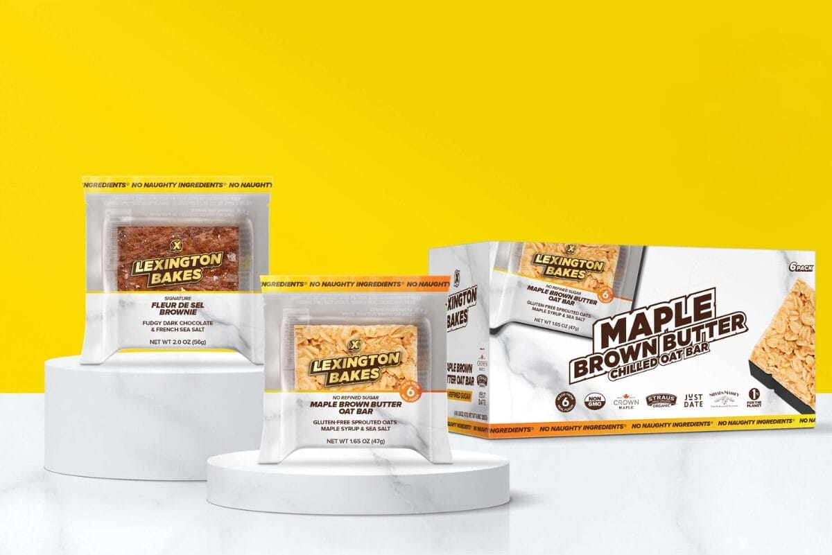 LXB’s Maple Brown Butter Chilled Oat Bar and Fleur de Sel Brownie on yellow background