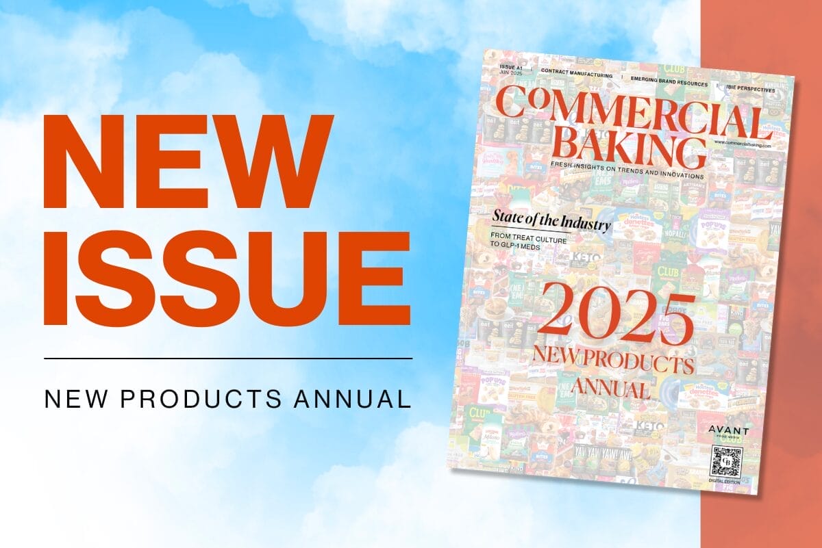 Cover of Commercial Baking's 2025 New Products Annual over blue sky background