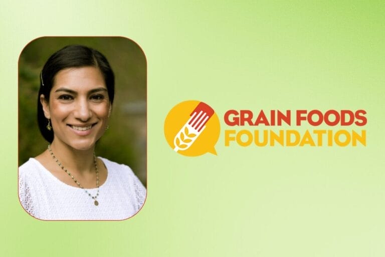 Image of Marlene Sidhu and Grain Foods Foundation logo on light green background