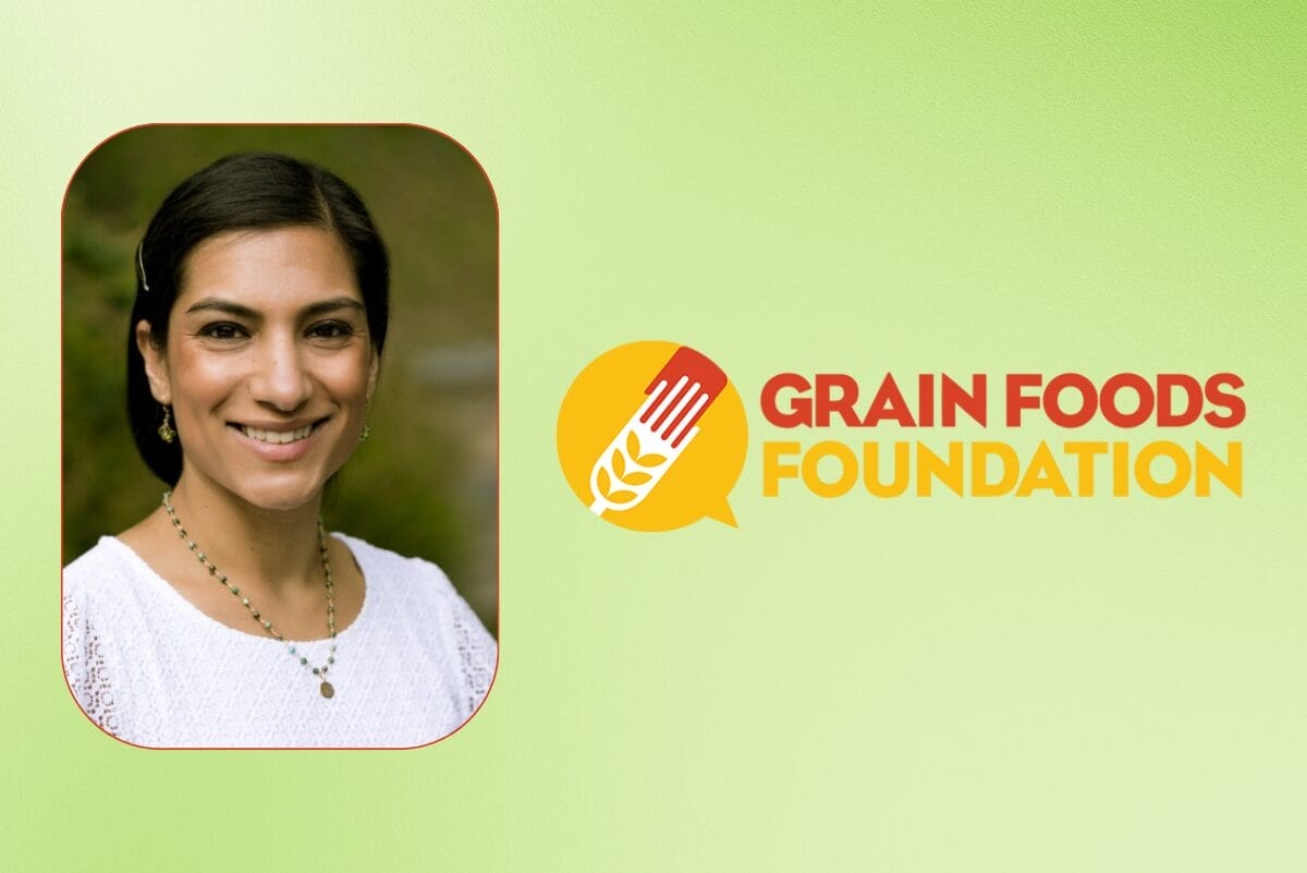 Image of Marlene Sidhu and Grain Foods Foundation logo on light green background