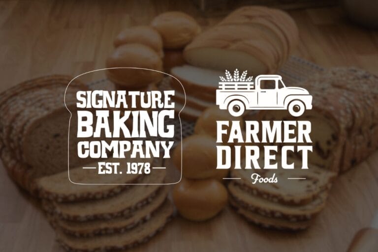Signature Baking Co. and Farmer Direct Foods logos in white with background of assorted baked goods