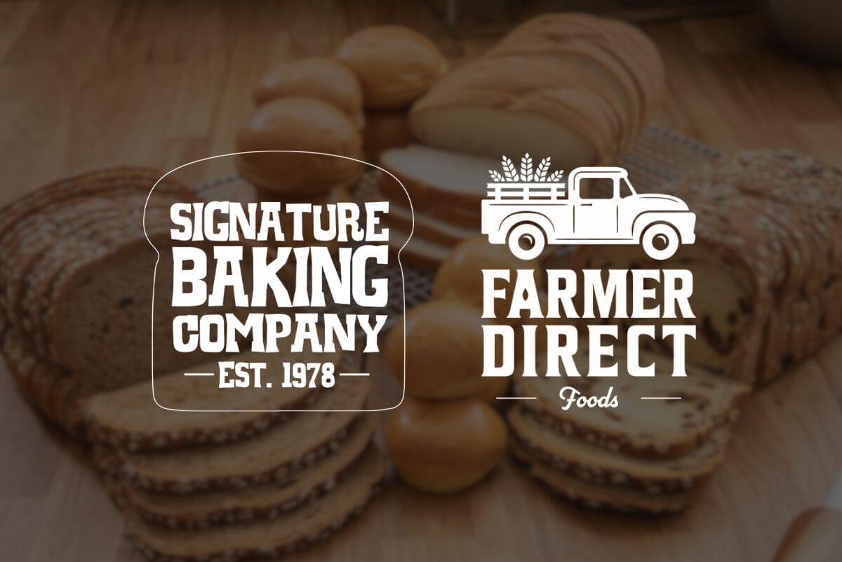 Signature Baking Co. and Farmer Direct Foods logos in white with background of assorted baked goods