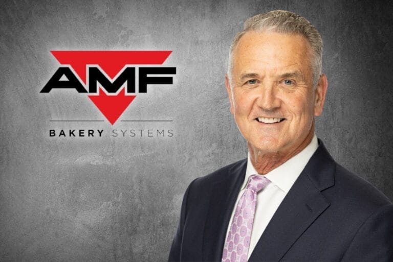 AMF Bakery Systems Logo and image of Ken Newsome with charcoal color background