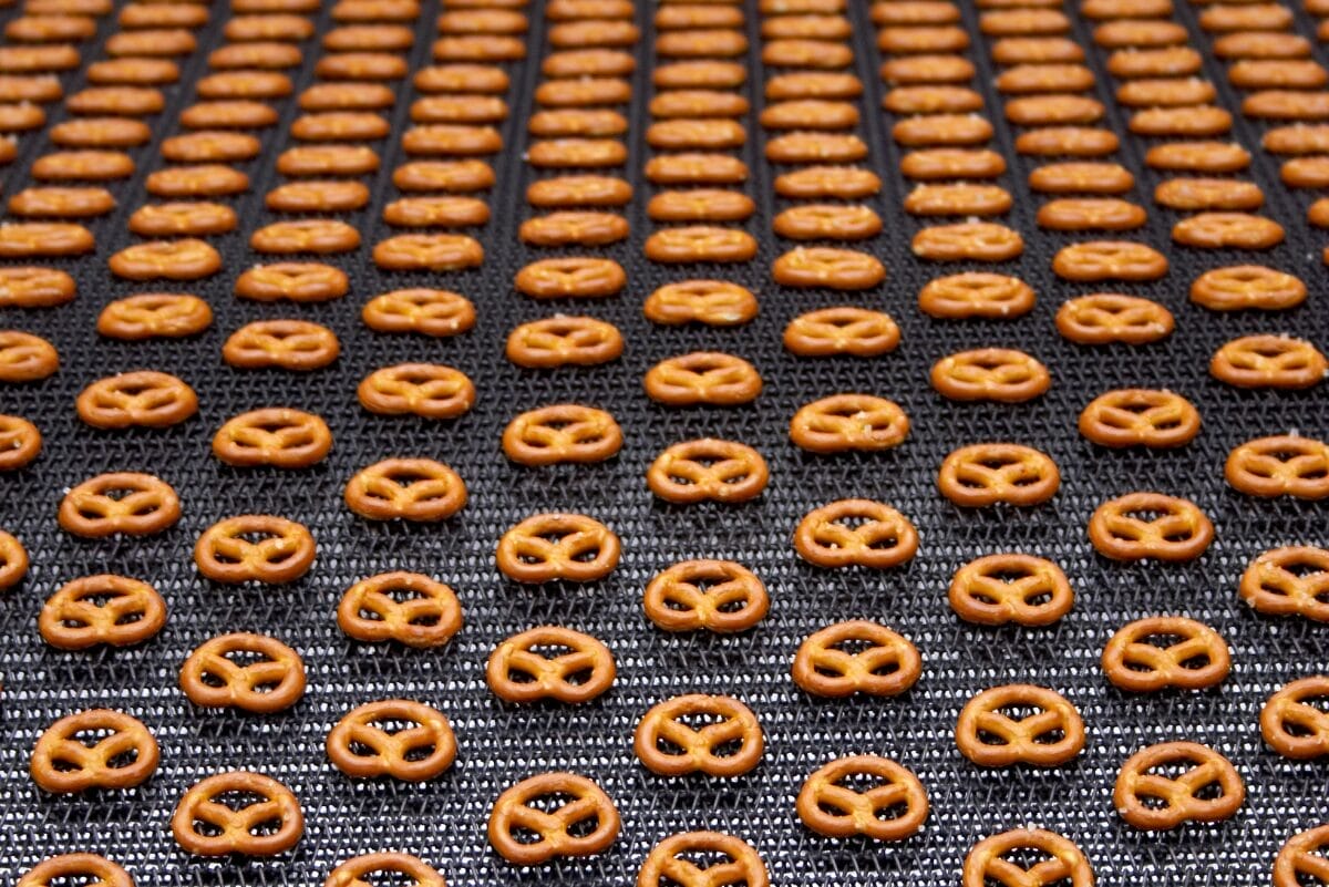 mini pretzels on production line