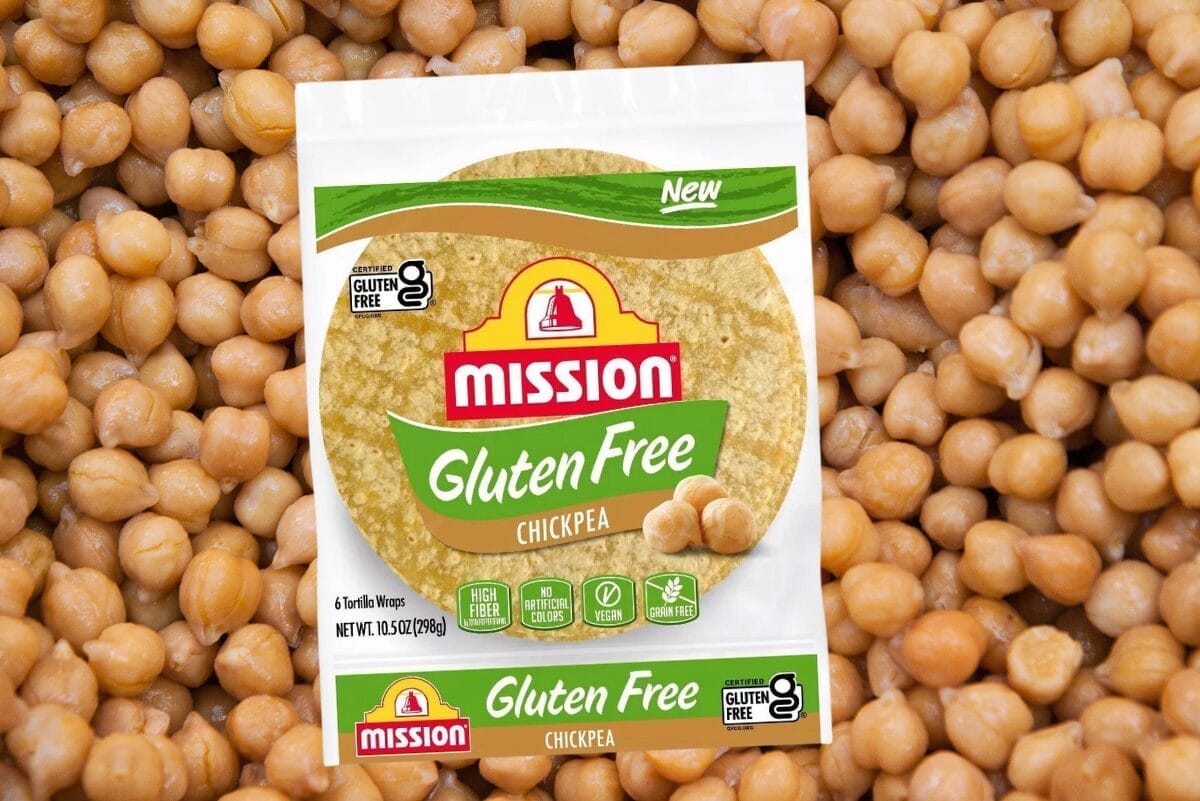 Mission Foods Gluten-Free Chickpea Tortillas bag with chickpea background