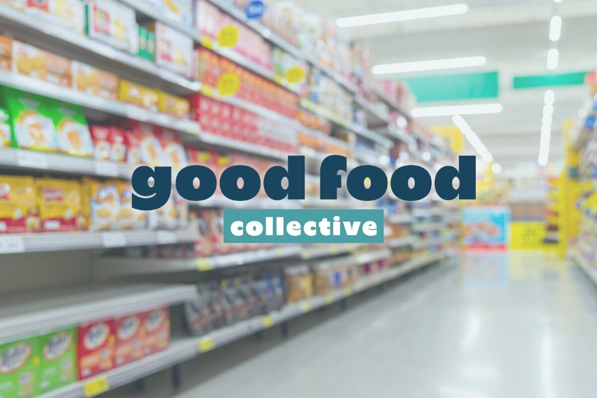 Good Food Collective logo over grocery aisle