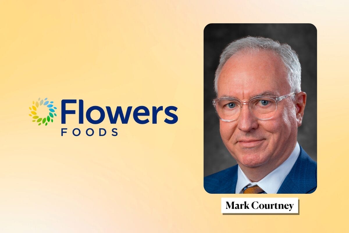Flowers Foods logo and photo of Mark Courtney with yellow background