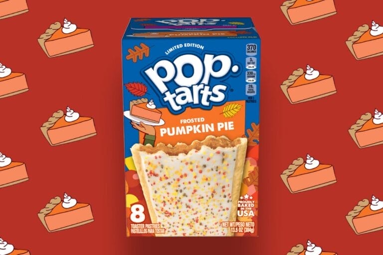 Box of Pop-Tarts Frosted Pumpkin PIe with red pumpkin pie slice background