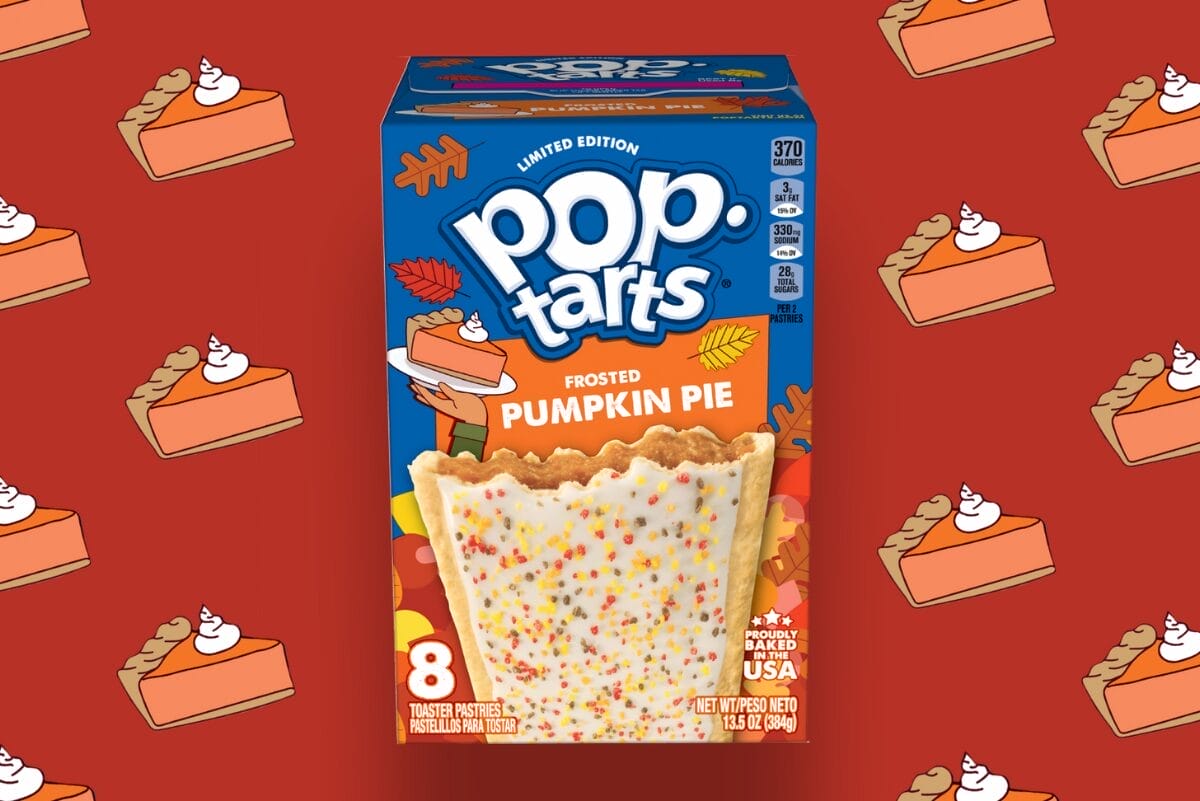 Box of Pop-Tarts Frosted Pumpkin PIe with red pumpkin pie slice background