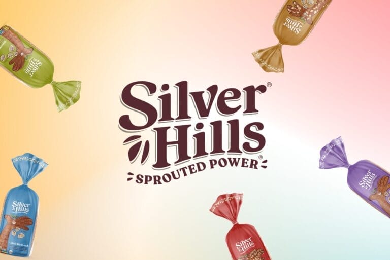 Silver Hills Bakery logo with loaves of packaged bread around it on gradient background