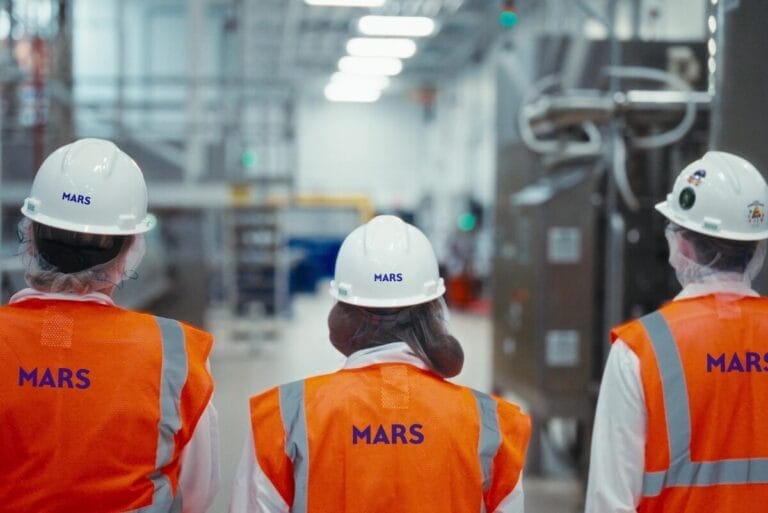 Three Mars, Inc. employees wearing orange vests and white hardhats in facility