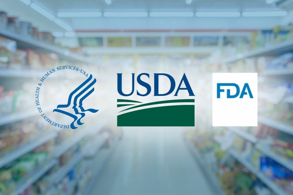 HHS, USDA and FDA logos over blue-tinted blurred grocery aisle