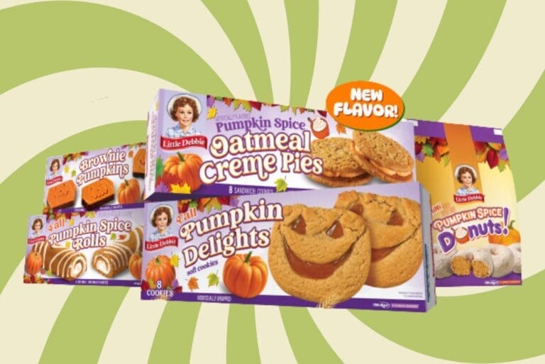 Little Debbie fall favorites with green spiral background