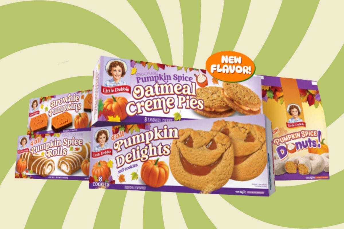 Little Debbie fall favorites with green spiral background