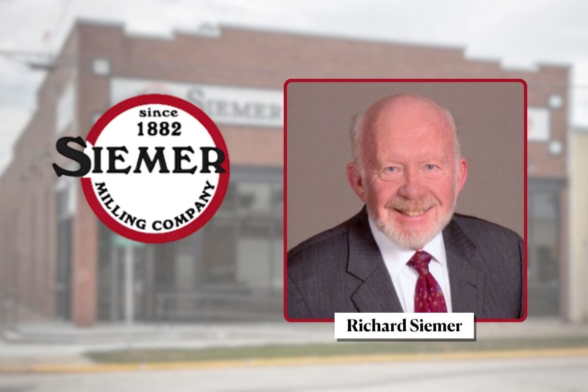 Richard Siemer's headshot with logo of Siemer Milling Company on background of flour milling building