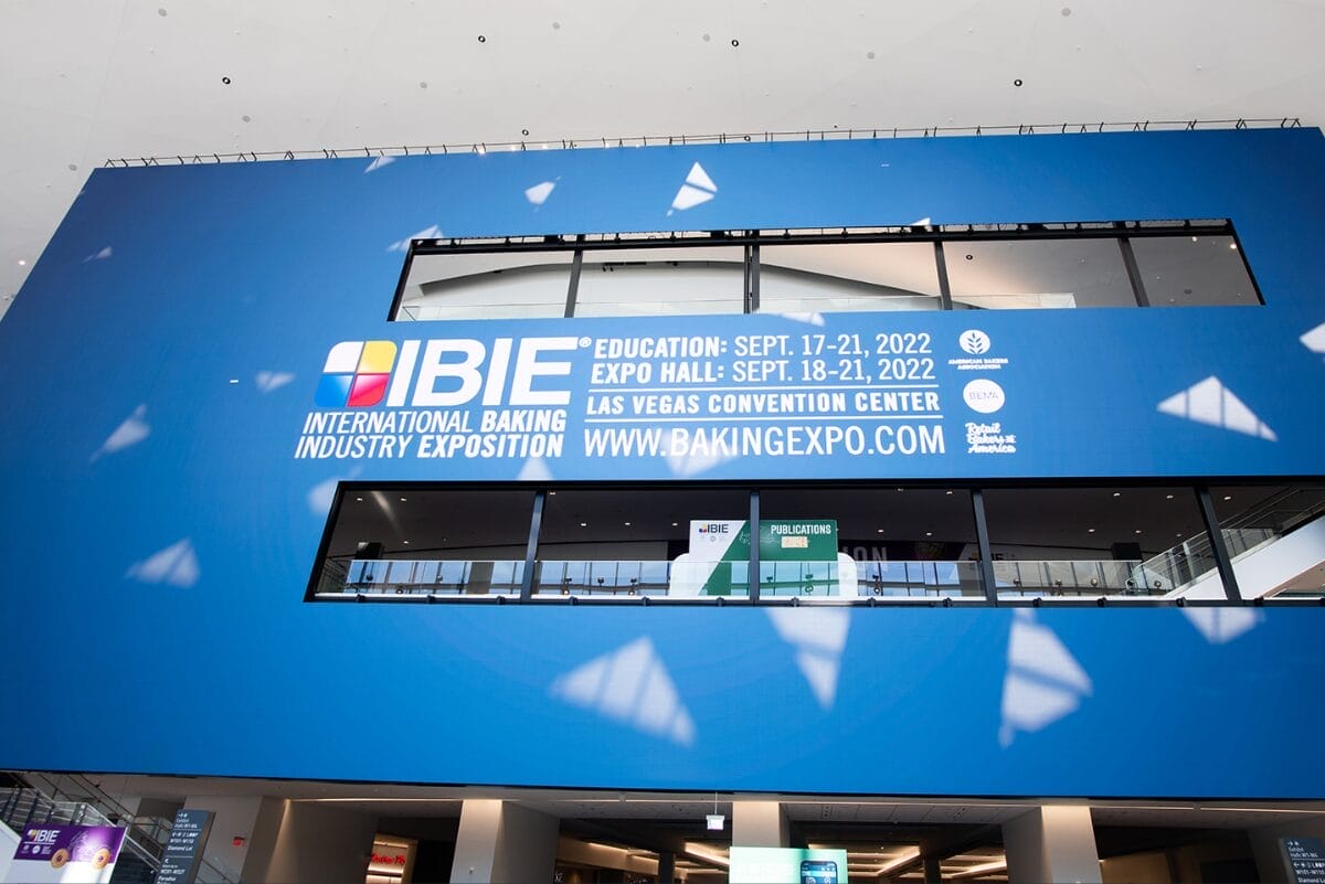 IBIE logo on screen in Las Vegas Convention Center West Hall Lobby