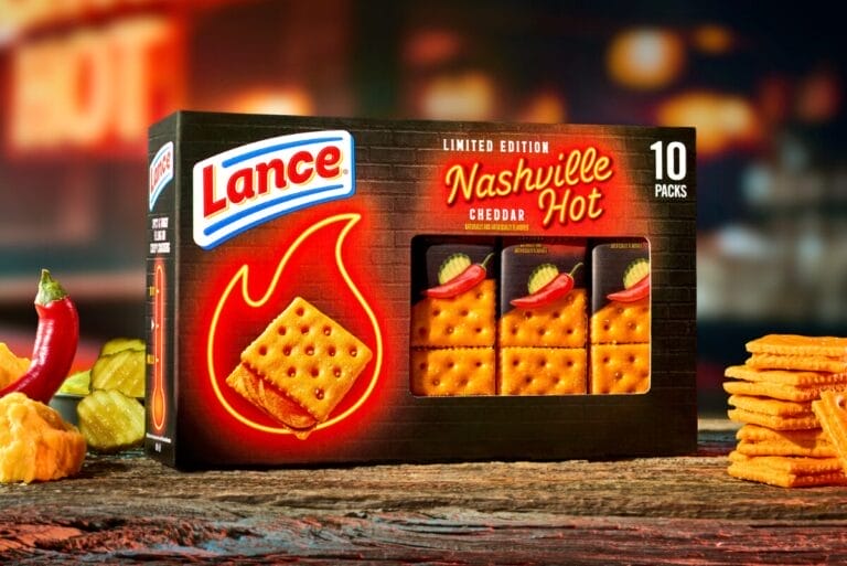 Box of Lance Nashville Hot sandwich crackers on wooden counter
