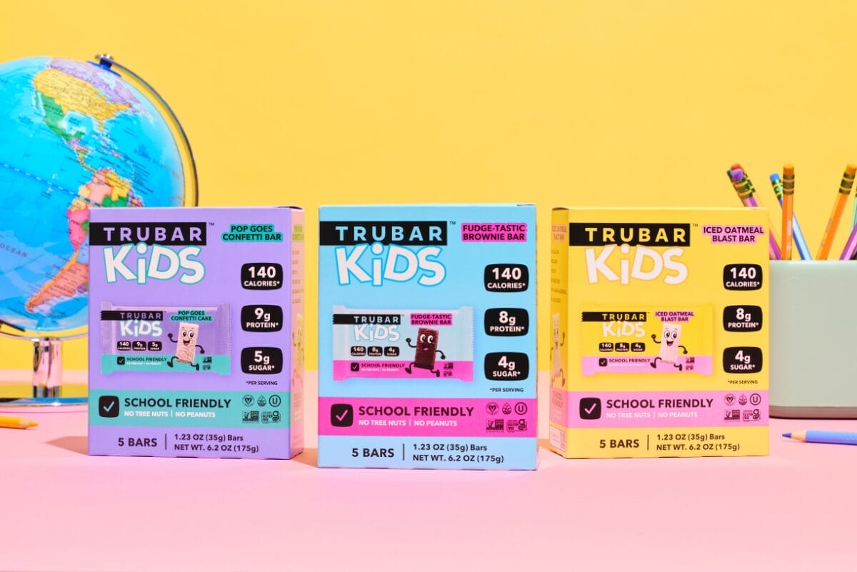TRUBAR Kids bars with school globe and stack of pencils on yellow background.
