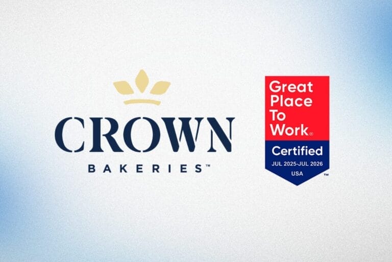 Crown Bakeries logo and Great Place to Work certified logo on white-blue gradient background