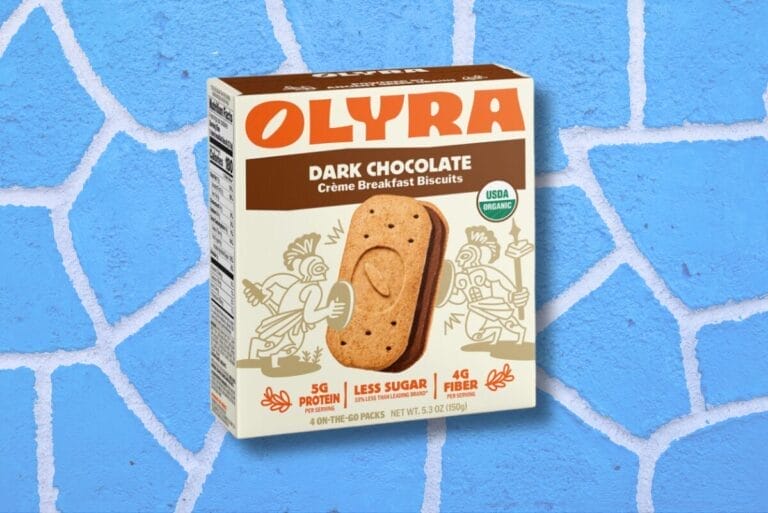 Olyra Foods' new packaging on Greek pattern background
