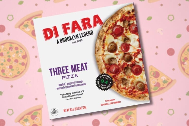 Di Fara's Three Meat pizza on pink background with pizza graphics