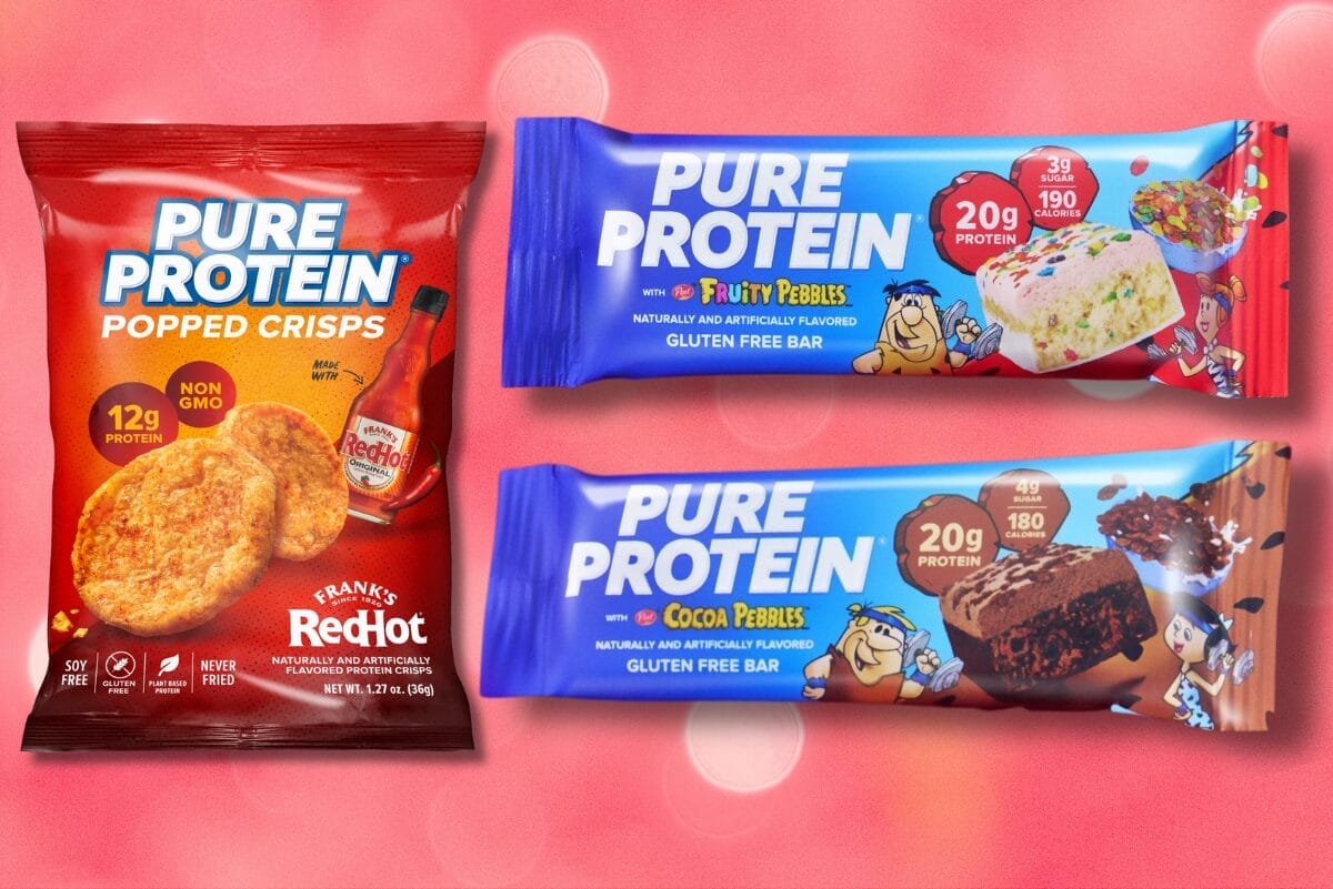 Pure Protein's Fruity Pepples Protein Bars, Cocoa Pebbles Protein Bars and Frank’s RedHot Popped Crisps on background.