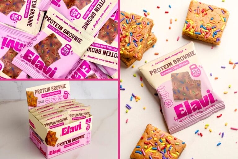 Box and individually wrapped packages of Elavi Birthday Cake Blondies