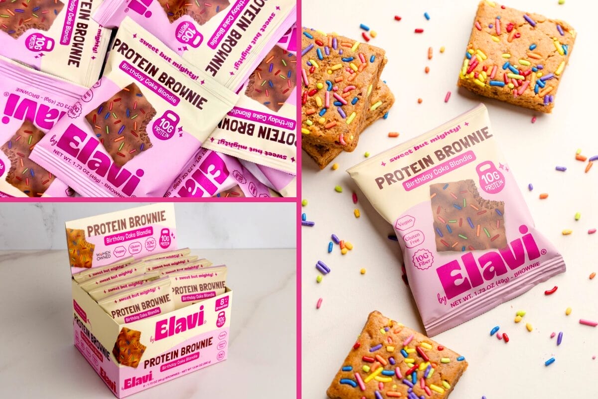 Box and individually wrapped packages of Elavi Birthday Cake Blondies