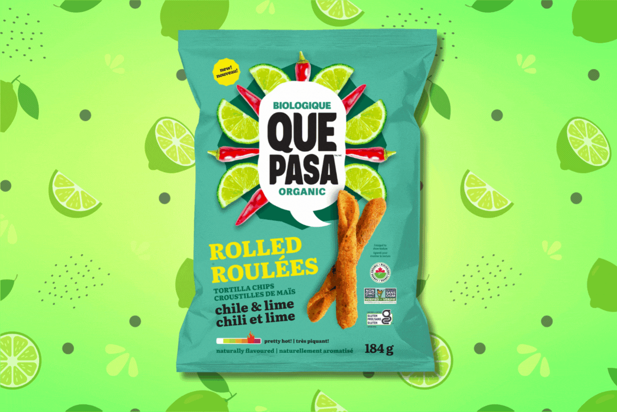 Gif of Que Pasa's rolled chips and the new spicy flavors