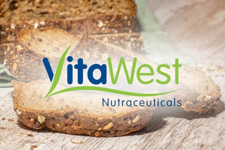 Vitawest Nutraceuticals logo over protein bread background