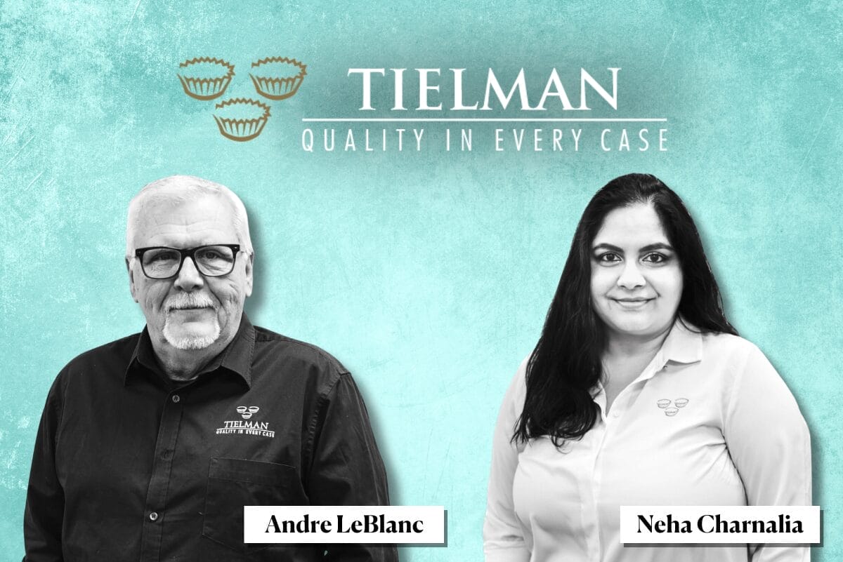 Tielman Group logo with black and white images of Andre LeBlanc and Neha Charnalia