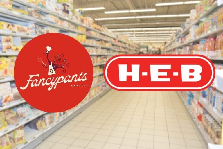 H-E-B logo and Fancypants Baking Co. logos over background of store shelves