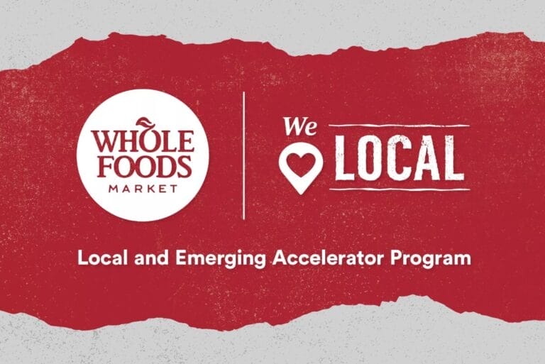 Whole Foods Market logo and I Love Local over text reading Local and Emerging Accelerator Program on red background with light grey border