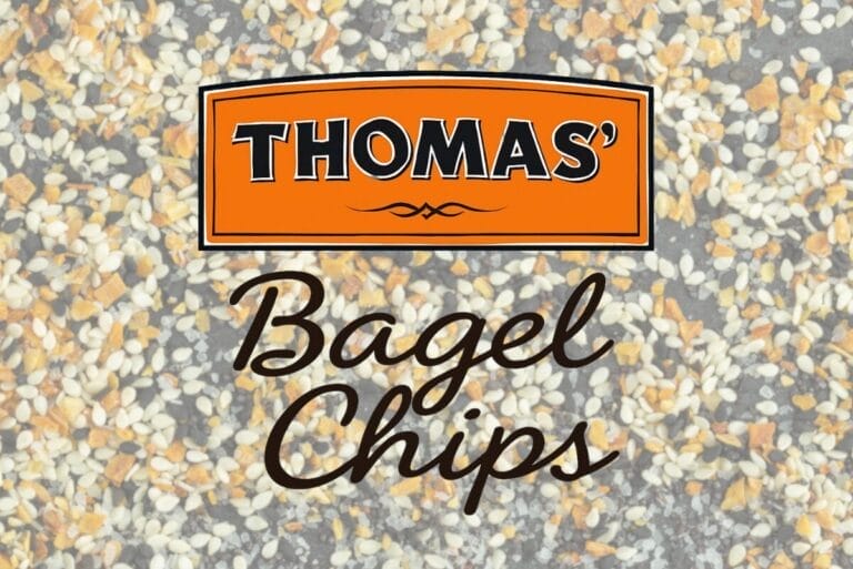 Thomas' Bagel Chips logo over background of bagel seeds