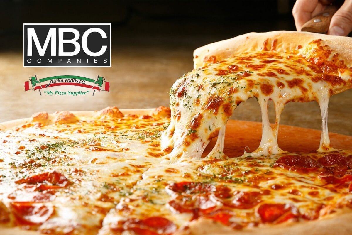 Pizza slice being pulled from whole pizza with MBC Companies and Alpha Foods logos in top left corner